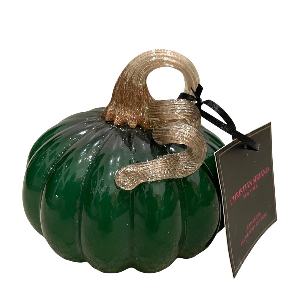 CHRISTIAN SIRIANO Hand Blown Art Glass Pumpkin Emerald Green Gold Stem New - Picture 2 of 10